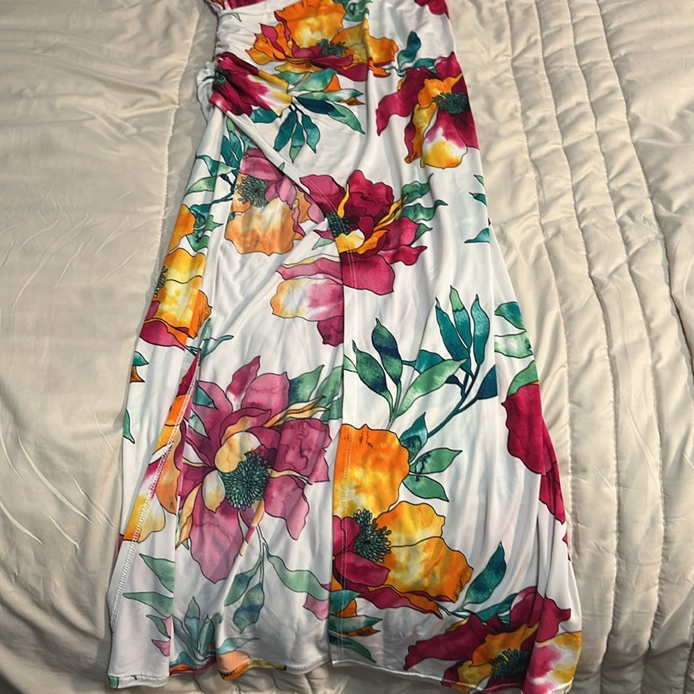 Tropical Floral One Shoulder Cutout Maxi Dress Side Slit Medium - Picture 3 of 5